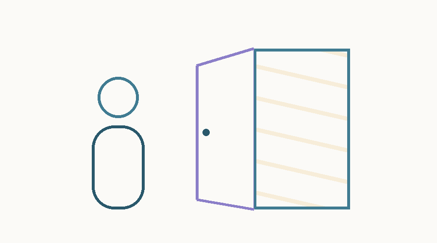 Abstract illustration of a single figure standing beside an open door, the room otherwise empty