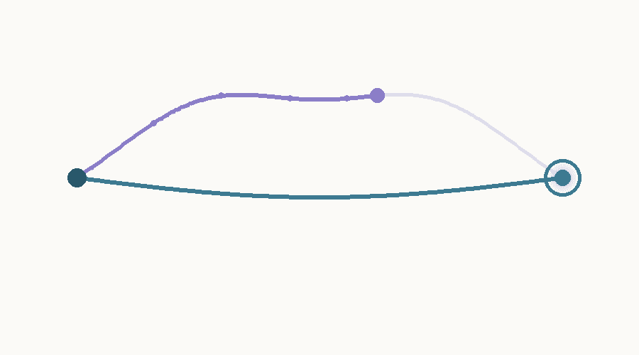 Abstract illustration of two paths leaving a single point for the same destination — a short, direct one that has already arrived, and a longer, more winding one still partway there.
